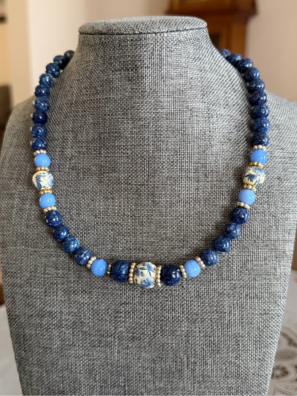 1928 Blue Porcelain Accent Beaded Necklace